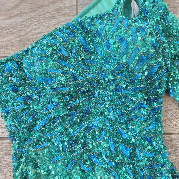 Rachel Allan Teal Sequin Beaded Homecoming Formal Fringe Prom Shoulder Dress 0 - Picture 7 of 9